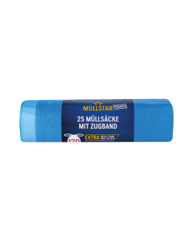 muellstar power Muellsaecke 120 Liter, mit Zugband, extra dicht, stark und sicher, blau transparent, 70 mal 100 plus 5 cm, aus Polyethylen, 25 Stueck